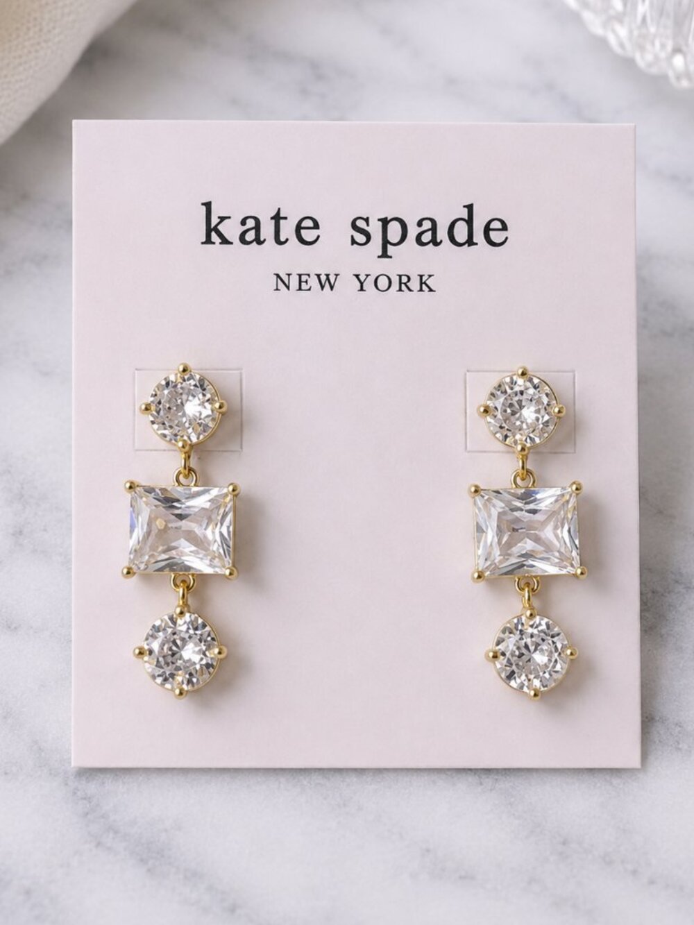 Kate Spade Crystal Drop Earrings Gold Clear CZ Statement Dangle Earrings - Picture 2 of 2